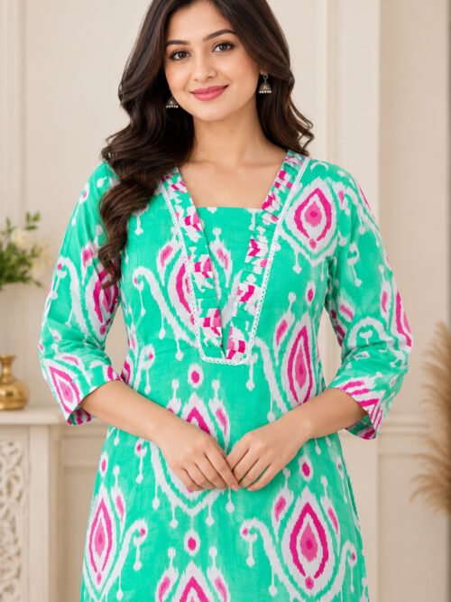 Mint Green & Pink Printed Cotton Kurta Set