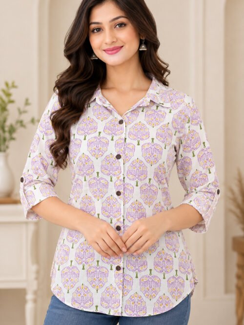 Purple Floral Printed Cotton Collar Neck Cord Set