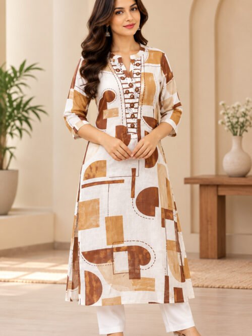 Brown & Beige Printed Cotton Kurta Set